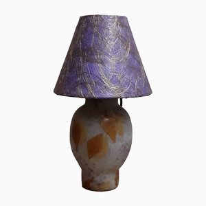 Art Deco Table Lamp with Colored Glass Base and Fabric Shade, 1930s