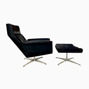 Set of Large Model Siesta 62 Leather Lounge Chair & Ottoman by Jaques Brûle for Hans Kaufeld, Germany, 1960s