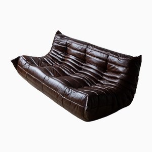 Vintage Brown Leather 3-Seater Togo Sofa by Michel Ducaroy for Ligne Roset
