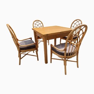 Mid-Century Dining Table and Armchairs in Bamboo and Leather, 1970, Set of 5