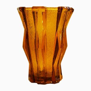 Small Belgian Art Deco Vase in Ocher Ambré Glass from Val Saint Lambert, 1930s