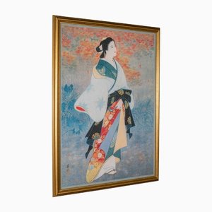 Vintage Japanese Framed Geisha Print, 1950s