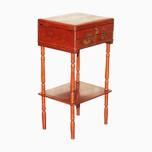 Anglo-Japanese Red Lacquer Sewing Table with Famboo Legs and Fitted Interior