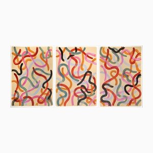 Natalia Roman, Triptychon mit warmen Pastelltönen, 2022, Acryl auf Aquarellpapier