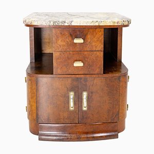 French Art Deco Side Table or Nightstand Table Burled Walnut Top Marble, C. 1930