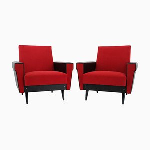 Leatherette and Red Fabric Armchairs, Czechoslovakia, 1970s, Set of 2