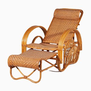 Boho Bamboo Extendable Lounger in Rattan with Magazine Holder, 1950s