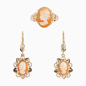 18 Karat French Shell Cameo Rose Gold Earrings Ring Set, 1960s, Set of 3