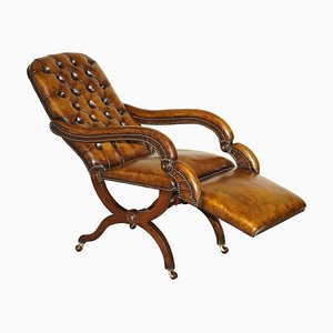 Sillón Chesterfield reclinable Regency X con marco de cuero marrón, década de 1810