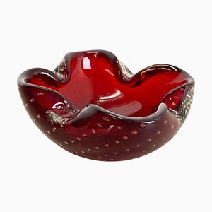 Large Red Murano Bubble Glass Bowl Element Shell Ashtray, Italy, 1970s