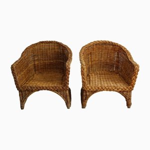 Braided Wicker Armchairs, 1970s, Set of 2