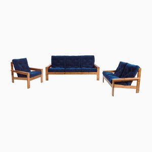 Vintage Pinewood Sofa & Armchairs with Visible Joints, Set of 3