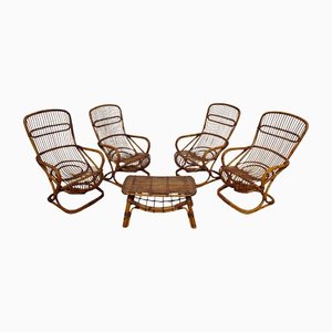 Bamboo Armchairs and Coffee Table attributed to Tito Agnoli for Bonacina, Italy, 1960s, Set of 5
