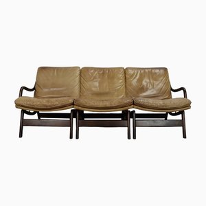Scandinavian Patinated Leather and Dark Stained Wood Free-Floating Sofa