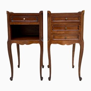 French Walnut Nightstand with Drawers and Shelf, 1950s, Set of 2