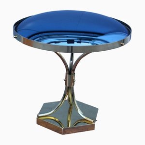 Lampada da tavolo concava in vetro blu cobalto e ottone, anni '50