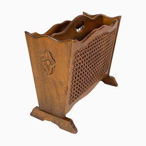 French Polished Wood and Wicker Newspaper Holder, 1940s