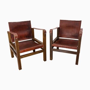 French Safari Style Chairs in Leather and Beech, 1940, Set of 2