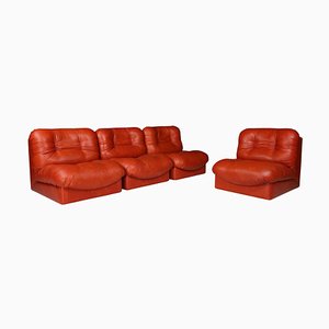 Mid-Century Italian Lounge Chairs in Red Leather, 1970, Set of 4