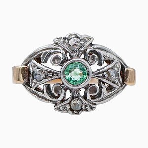 14 Karat Rose Gold and Silver Ring with Emerald & Diamonds, 1940s