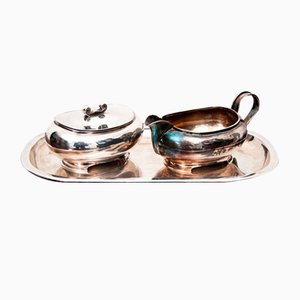 Antique Silver Tray with Sugar Bowl and Milk Jug, Set of 3