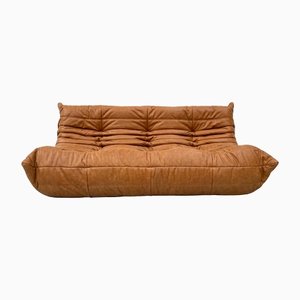 Vintage French Cognac Leather Togo 3-Seater Sofa by Michel Ducaroy for Ligne Roset, 1970s