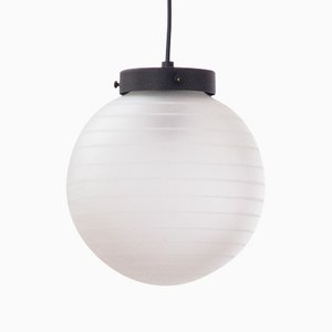 Suspension Light with White Murano Glass Sphere with White Striped Decoration, Italy, 1980s