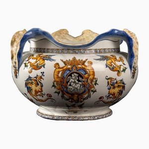 Grand Cache-Pot Renaissance en Faïence de Gien, Italie, 19ème Siècle