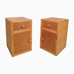 Vintage Rattan and Beech Bedside Tables, Italy, 1970s, Set of 2