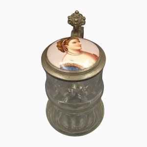 Beer Mug in Glass with Hand-Painted Lid, 1900s-1920s