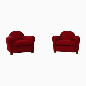 French Art Deco Lounge Chairs in Red Velvet, Set of 2