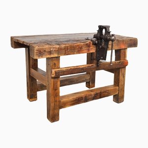 Antique Worktable with Metal Vice, 1900s