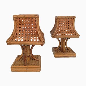 Mid-Century Wicker and Rattan Bedside Table Lamps, Italy, 1960s, Set of 2