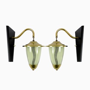 Messing & Glas Wandlampen, 1950er, 2er Set