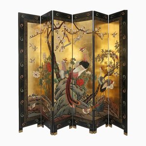Large Chinese 6-Panel Gold Leaf and Black Lacquer Folding Screen / Room Divider