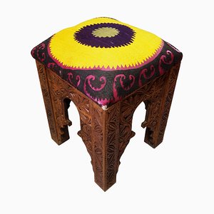 Vintage Hand-Carved Wooden Stoll Chair, Afghanistan