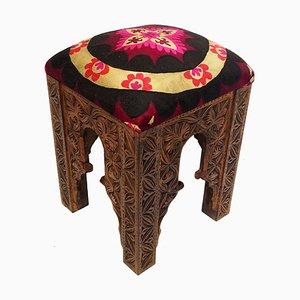 Vintage Hand-Carved Wooden Stoll Chair, Afghanistan