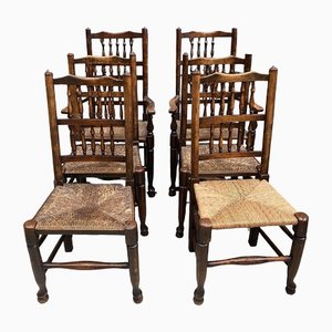 Antique Lancashire Oak & Rush Seated Ladderback Dining Chairs, 1890s, Set of 6