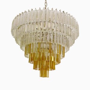Large Clear and Amber Triedro Murano Glass Chandelier