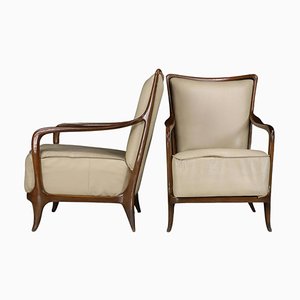 Mid-Century Modern Walnut and Leather Armchairs attributed to Paolo Buffa, Italy, 1950s, Set of 2