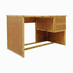 Mid-Century Italian Glass Bamboo & Wicker Desk with Drawers, 1980s