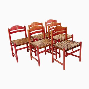 6 Mid-Century Italian Wood and Leather Chairs, 1960s, Set of 6
