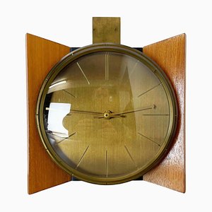 Reloj de pared Hollywood Regency vintage de teca y latón de Atlanta Electric Germany, años 60