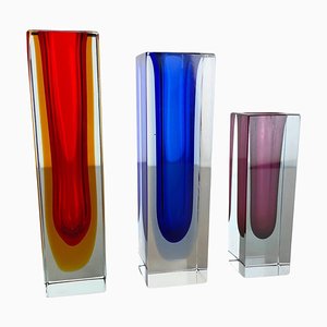 Multicolor Faceted Murano Glass Sommerso Cube Vases, Italy, 1970s, Set of 3
