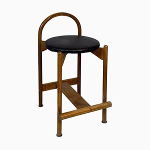 Mid-Century Modern Italian Wooden Structure & Faux Leather Seat High Stool, 1970s