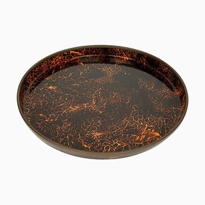 Round Centerpiece Serving Tray in Faux Tortoiseshell and Brass, Italy, 1970s