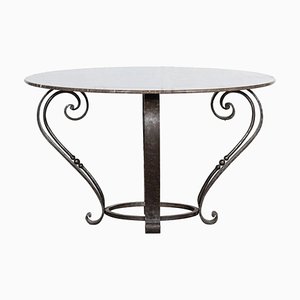 Large English Circular Marble Top Wrought Iron Table, 1950s
