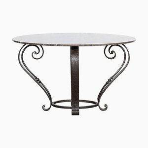 Large English Circular Marble Top Wrought Iron Table, 1950s