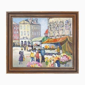 Robert Sydney Rendle Wood, día de mercado, siglo XX, óleo sobre masonita, enmarcado