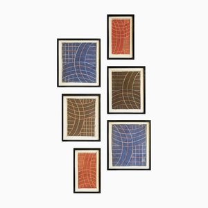 Bocetos para diseños textiles, años 30, técnica mixta sobre papel, enmarcado. Juego de 6